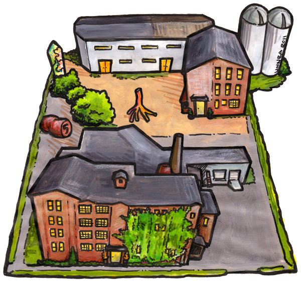 Painted aerial illustration of the Casket Arts campus: the main brick building, the Carriage House, the Factory and the silos